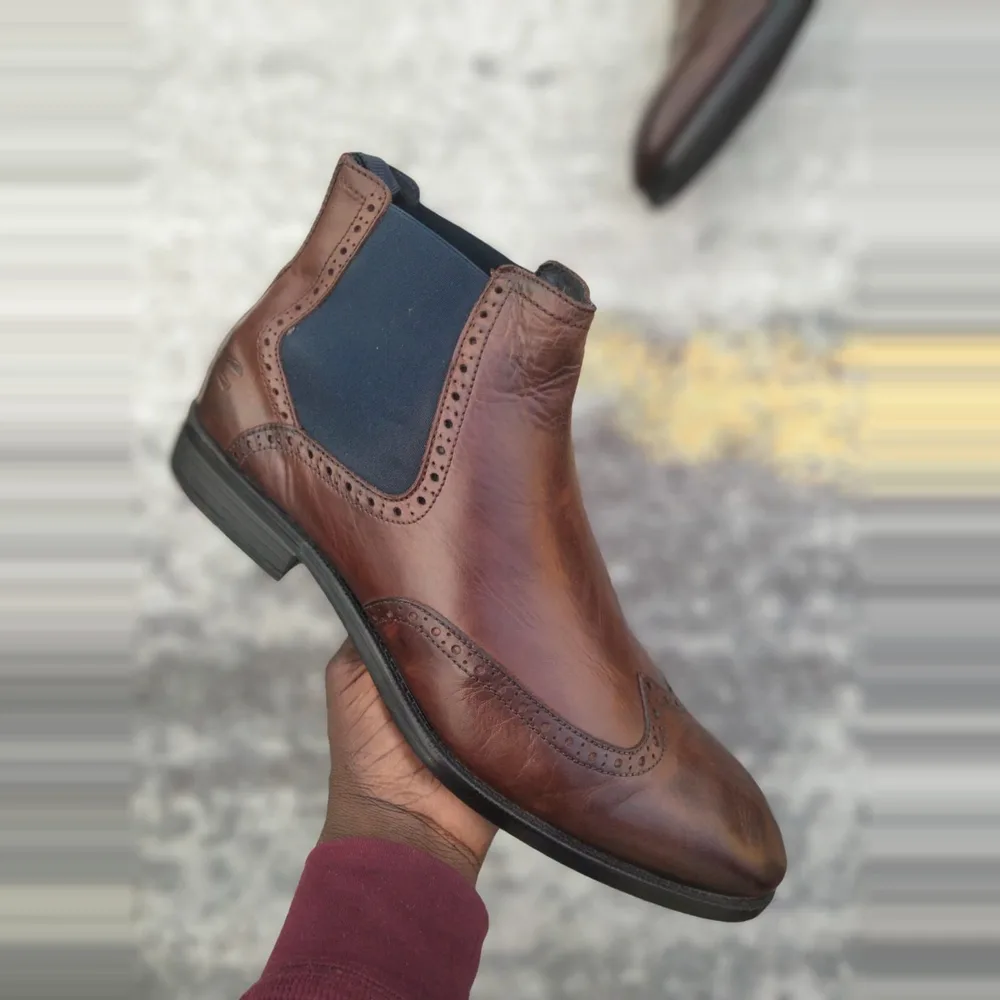 Brown Leather Brogue Chelsea Boot — Cognac Brown / Black